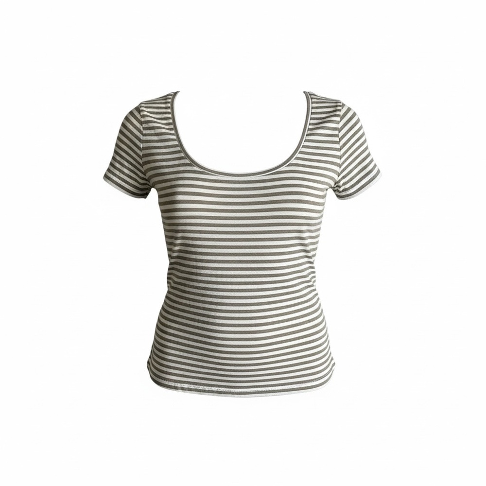 Banana Republic Scoop Neck Striped Short Sleeve Tee - Taupe & White